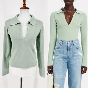 INTERMIX Nina Rib Knit Polo Top in Olive Army